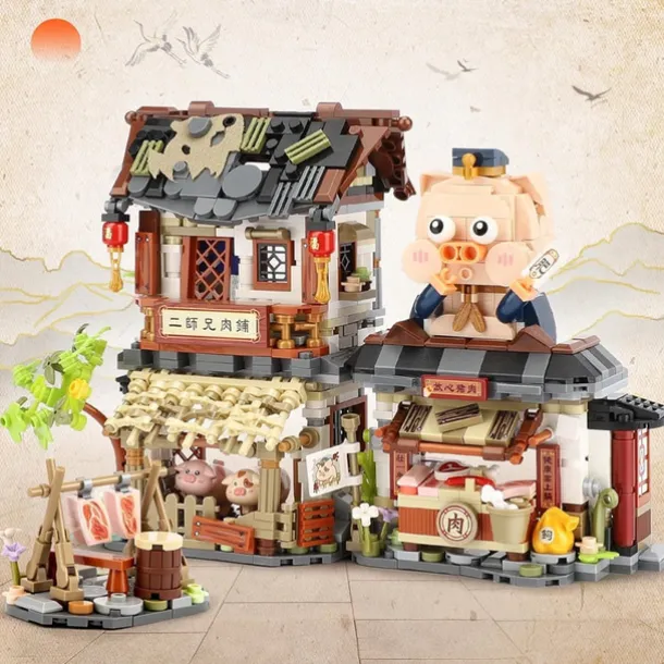 Chinese Street View Butcher Shop Mini Building Blocks MOC Creative Building Toys Model Set for Girls 6-12 Years Old 1105 PCS Simulation Architecture Construction Toy