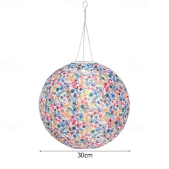 Chinese Style Globe Light Outdoor Solar Power 12inch 30CM Printed Lantern Hanging Lamp IP65 Waterproof Nylon LED Light For Outdoor Garden Party Yard Warm White Decoration Lighting