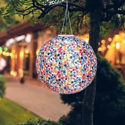 Chinese Style Globe Light Outdoor Solar Power 12inch 30CM Printed Lantern Hanging Lamp IP65 Waterproof Nylon LED Light For Outdoor Garden Party Yard Warm White Decoration Lighting