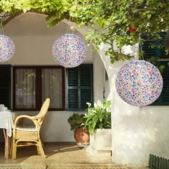 Chinese Style Globe Light Outdoor Solar Power 12inch 30CM Printed Lantern Hanging Lamp IP65 Waterproof Nylon LED Light For Outdoor Garden Party Yard Warm White Decoration Lighting