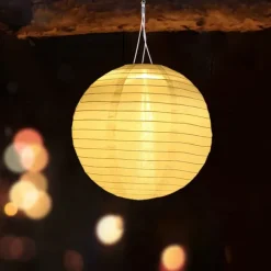 Chinese Style Globe Light Outdoor Solar Power 12inch 30CM Printed Lantern Hanging Lamp IP65 Waterproof Nylon LED Light For Outdoor Garden Party Yard Warm White Decoration Lighting