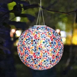 Chinese Style Globe Light Outdoor Solar Power 12inch 30CM Printed Lantern Hanging Lamp IP65 Waterproof Nylon LED Light For Outdoor Garden Party Yard Warm White Decoration Lighting