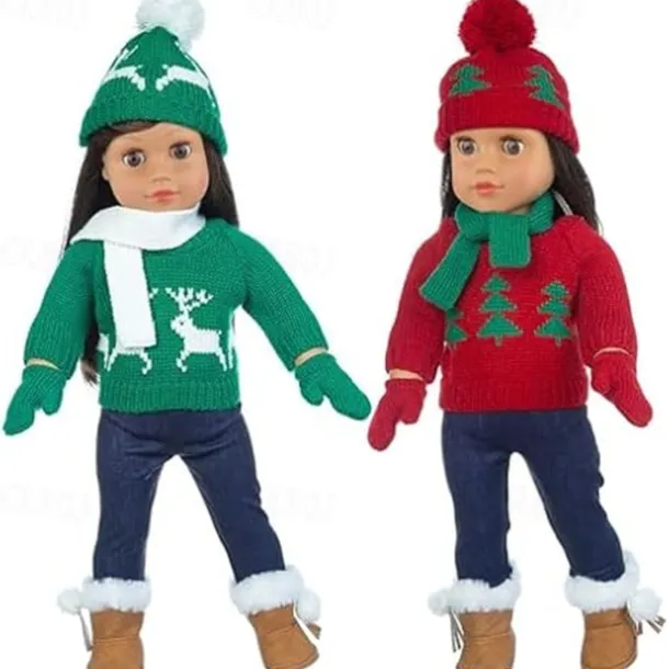 Christmas 18 Inch Doll Clothes and Accessories Winter Doll Outfits Set Sweaters Trousers Hats Shoes for 18 Inch Doll Gifts(WITHOUT DOLL)