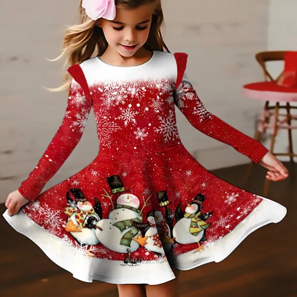 Christmas Girls' 3D Snowman Snowflake Christmas Dress Snowflake Dress Ruffle Dress Long Sleeve 3D Print Fall Winter Sports & Outdoor Daily Holiday Cute Casual Beautiful Kids 3-12 Years Casual Dress A