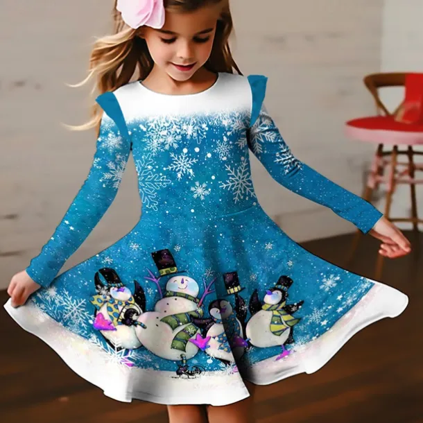 Christmas Girls' 3D Snowman Snowflake Christmas Dress Snowflake Dress Ruffle Dress Long Sleeve 3D Print Fall Winter Sports & Outdoor Daily Holiday Cute Casual Beautiful Kids 3-12 Years Casual Dress A