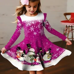 Christmas Girls' 3D Snowman Snowflake Christmas Dress Snowflake Dress Ruffle Dress Long Sleeve 3D Print Fall Winter Sports & Outdoor Daily Holiday Cute Casual Beautiful Kids 3-12 Years Casual Dress A