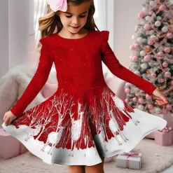 Christmas Girls' 3D Snowman Snowflake Christmas Dress Snowflake Dress Ruffle Dress Long Sleeve 3D Print Fall Winter Sports & Outdoor Daily Holiday Cute Casual Beautiful Kids 3-12 Years Casual Dress A