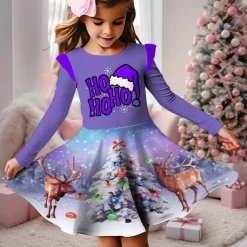 Christmas Girls' 3D Snowman Snowflake Christmas Dress Snowflake Dress Ruffle Dress Long Sleeve 3D Print Fall Winter Sports & Outdoor Daily Holiday Cute Casual Beautiful Kids 3-12 Years Casual Dress A