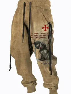 Christmas Knights Of Malta Mens Graphic Pants Sweatpants Joggers Trousers Drawstring Elastic Waist 3D Print Lion Prints Cross Comfort Sports Outdoor Casual Daily Cotton Blend Grey