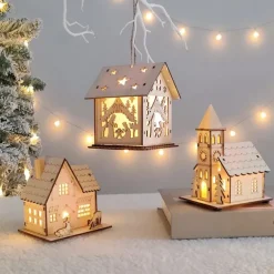 Christmas LED Light Wooden House Luminous Luxury bungalow Christmas Decorations Home Decor Fairy Night Lamp Pendant Kids Gift 1PC