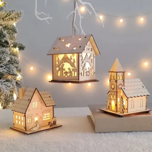 Christmas LED Light Wooden House Luminous Luxury bungalow Christmas Decorations Home Decor Fairy Night Lamp Pendant Kids Gift 1PC