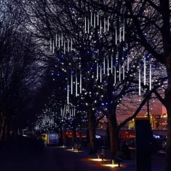 Christmas Lights Outdoor Meteor Shower Lights Falling Rain Lights 80cm 8 Tube 576 LED Snow Falling Icicle Cascading Lights for Xmas Tree Halloween Decoration Wedding Party