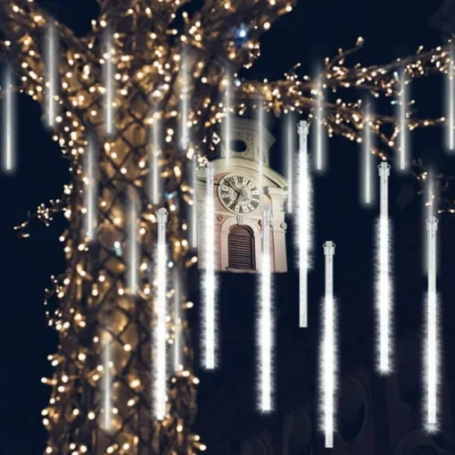 Christmas Lights Outdoor Meteor Shower Lights Falling Rain Lights 80cm 8 Tube 576 LED Snow Falling Icicle Cascading Lights for Xmas Tree Halloween Decoration Wedding Party