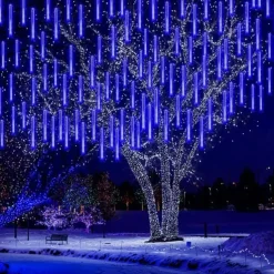 Christmas Lights Outdoor Meteor Shower Lights Falling Rain Lights 80cm 8 Tube 576 LED Snow Falling Icicle Cascading Lights for Xmas Tree Halloween Decoration Wedding Party