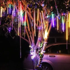 Christmas Lights Outdoor Meteor Shower Lights Falling Rain Lights 80cm 8 Tube 576 LED Snow Falling Icicle Cascading Lights for Xmas Tree Halloween Decoration Wedding Party