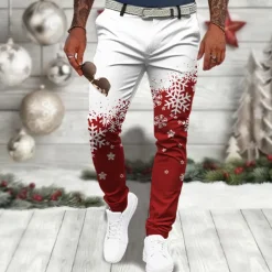 Christmas Men's Christmas Scene Printed Pants Snowflake Casual 3D Print Trousers Outdoor Street Going out Polyester Wine Black Blue S M L Mid Waist Elasticity Pants