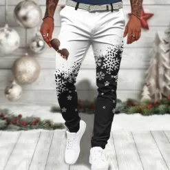 Christmas Men's Christmas Scene Printed Pants Snowflake Casual 3D Print Trousers Outdoor Street Going out Polyester Wine Black Blue S M L Mid Waist Elasticity Pants