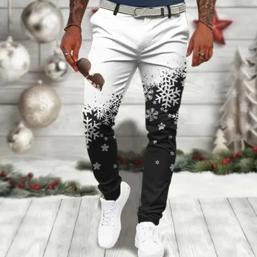 Christmas Men's Christmas Scene Printed Pants Snowflake Casual 3D Print Trousers Outdoor Street Going out Polyester Wine Black Blue S M L Mid Waist Elasticity Pants