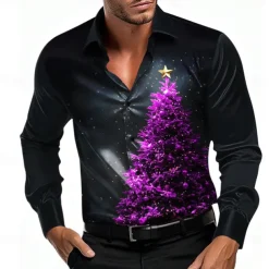 Christmas Men's Tree Shirt Dress Shirt Button Up Shirt Long Sleeve Casual Fashion Casual Vacation Party Evening Wear Dailywear Summer Spring Fall Collared Shirts 3D Print Light Blue Black Blue Purple