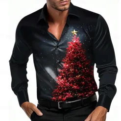 Christmas Men's Tree Shirt Dress Shirt Button Up Shirt Long Sleeve Casual Fashion Casual Vacation Party Evening Wear Dailywear Summer Spring Fall Collared Shirts 3D Print Light Blue Black Blue Purple
