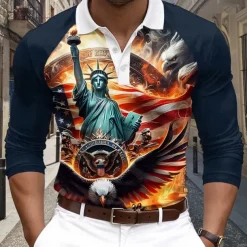 Christmas Men's USA Statue Of Liberty Polo Shirts Golf Polos Shirts Long Sleeve Polo Shirts Collar Casual Vacation Street Dailywear Buttons 3D Print Spring & Summer Dark Blue