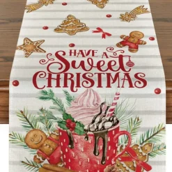 Christmas Snowman Merry Table Runner, Seasonal Winter Holiday Kitchen Dining Table Decoration for Indoor Outdoor Home Party Decor Decoration