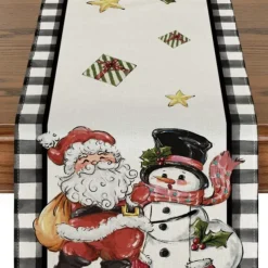 Christmas Snowman Merry Table Runner, Seasonal Winter Holiday Kitchen Dining Table Decoration for Indoor Outdoor Home Party Decor Decoration