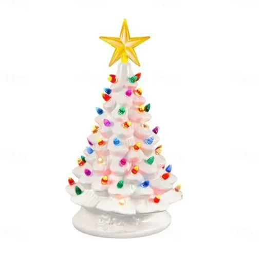 Christmas Tree Ceramic Christmas Tree Tabletop Decoration LED Light Hand-Painted Vintage Christmas Holiday Decoration 1PC