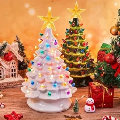 Christmas Tree Ceramic Christmas Tree Tabletop Decoration LED Light Hand-Painted Vintage Christmas Holiday Decoration 1PC