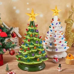 Christmas Tree Ceramic Christmas Tree Tabletop Decoration LED Light Hand-Painted Vintage Christmas Holiday Decoration 1PC