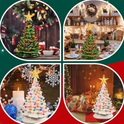 Christmas Tree Ceramic Christmas Tree Tabletop Decoration LED Light Hand-Painted Vintage Christmas Holiday Decoration 1PC
