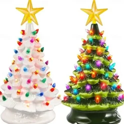 Christmas Tree Ceramic Christmas Tree Tabletop Decoration LED Light Hand-Painted Vintage Christmas Holiday Decoration 1PC