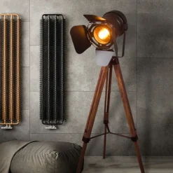 Cinema Projector Floor Lamp, Farmhouse Tripod Lamp for Bedrooms Vintage Steampunk Adjustable 59" Black Metal Camera Wooden High Lights for Study Corner, Office,Brown
