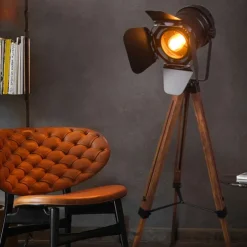 Cinema Projector Floor Lamp, Farmhouse Tripod Lamp for Bedrooms Vintage Steampunk Adjustable 59" Black Metal Camera Wooden High Lights for Study Corner, Office,Brown