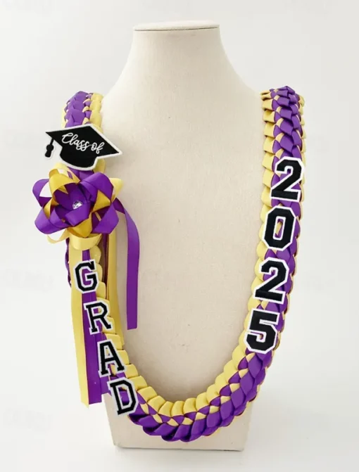 Class of 2025 Graduation Wreath - Braided Ribbon Necklace with GRAD Letters and Hat Charm, Handmade Keepsake Gift for High School and College Graduation Ceremony