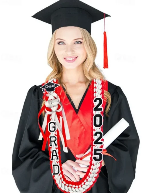Class of 2025 Graduation Wreath - Braided Ribbon Necklace with GRAD Letters and Hat Charm, Handmade Keepsake Gift for High School and College Graduation Ceremony