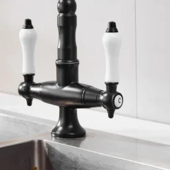 Classic Utility Sink Laundry Chrome Black Faucet, Centerset High Arc Two Ceramic Handles One Hole Wash Basin Tap with Hot and Cold Water Switch, 360 Degree Swivel Spout Commercial Faucet