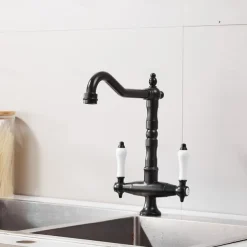 Classic Utility Sink Laundry Chrome Black Faucet, Centerset High Arc Two Ceramic Handles One Hole Wash Basin Tap with Hot and Cold Water Switch, 360 Degree Swivel Spout Commercial Faucet