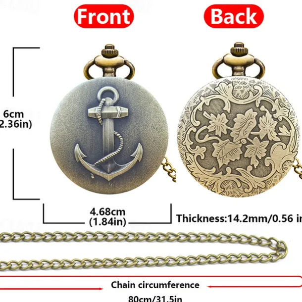 Classic Vintage Large Quartz Pocket Watch Anchor Relief Roman Face Necklace Quartz Pocket Watch