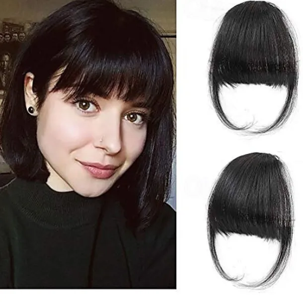 Clip in Bangs - 100% Human Hair Wispy Bangs Clip in Hair Extensions, Black Air Bangs Fringe with Temples Hairpieces for Women Curved Bangs for Daily Wear
