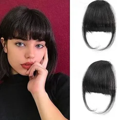 Clip in Bangs - 100% Human Hair Wispy Bangs Clip in Hair Extensions, Black Air Bangs Fringe with Temples Hairpieces for Women Curved Bangs for Daily Wear