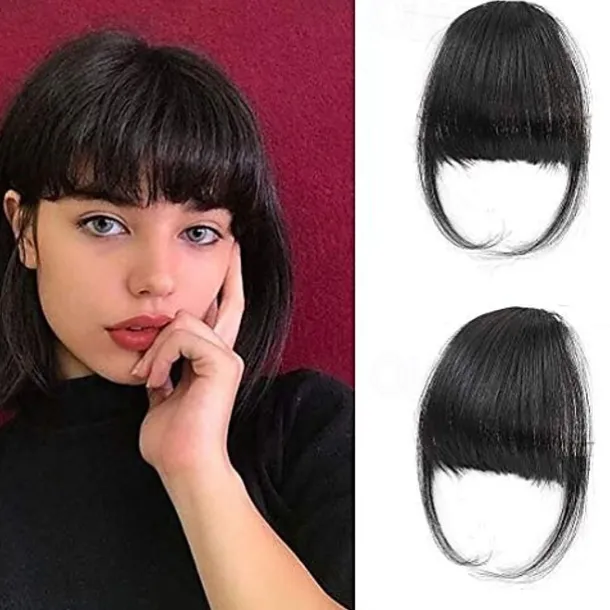 Clip in Bangs - 100% Human Hair Wispy Bangs Clip in Hair Extensions, Black Air Bangs Fringe with Temples Hairpieces for Women Curved Bangs for Daily Wear