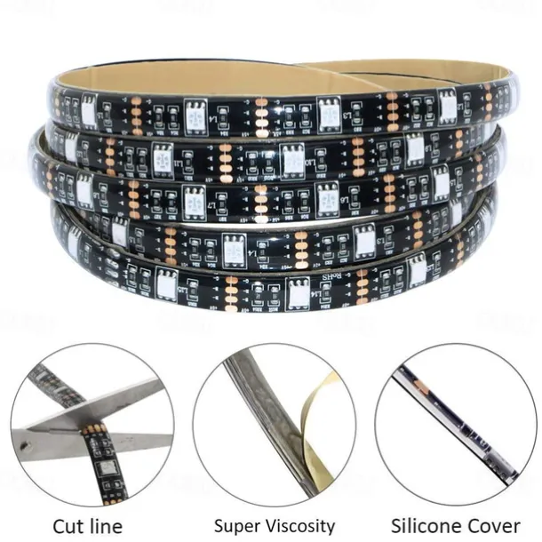 100CM LED Light Strips RGB Tiktok Lights TV Background atmosphere lamp USB 5V Black Waterproof 15W 5050 10mm with 17Key RF Controller DC 5V