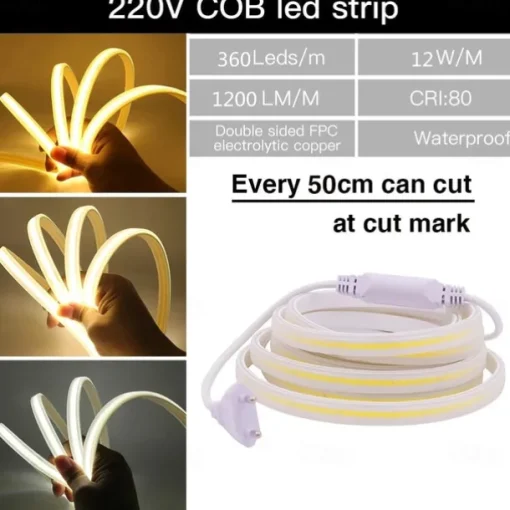 COB LED Strip Lights, 360 LEDs/m Waterproof Outdoor Decor, Flexible High-Brightness Ribbon Light, 3000K/4000K/6000K, 220V