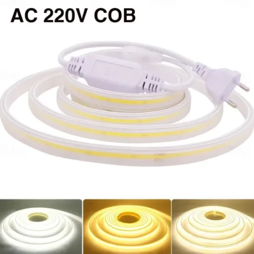 COB LED Strip Lights, 360 LEDs/m Waterproof Outdoor Decor, Flexible High-Brightness Ribbon Light, 3000K/4000K/6000K, 220V