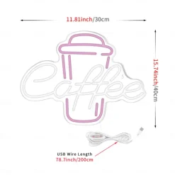 Coffee Neon Sign - Pink & White LED Neon Light for Cafe, Bar, Restaurant, USB Powered Wall Decor for Bedroom, Pub, Birthday Party