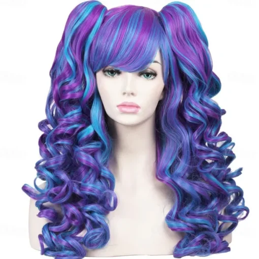 Color Ground Long Curly Cosplay Wig with 2 Ponytails Halloween Wigs