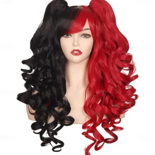 Color Ground Long Curly Cosplay Wig with 2 Ponytails Halloween Wigs