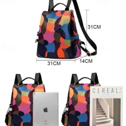 Colorful Geometric Oxford Cloth Backpack with Handle and Keychain | Stylish Durable Back to School or Travel Bag