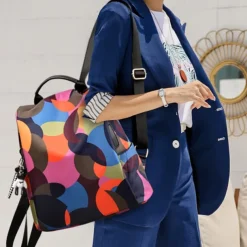 Colorful Geometric Oxford Cloth Backpack with Handle and Keychain | Stylish Durable Back to School or Travel Bag